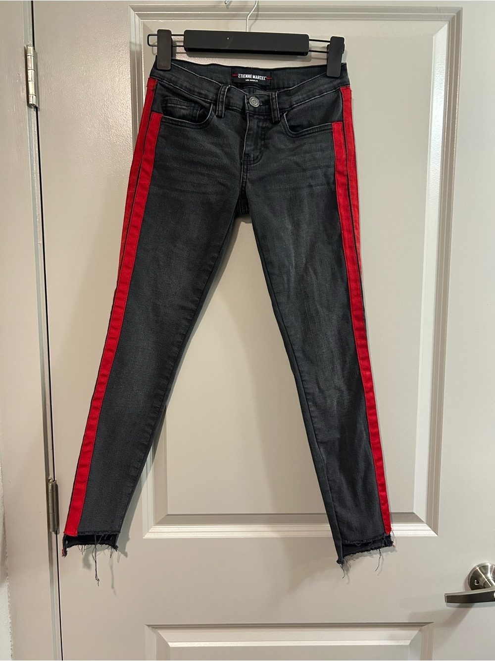 Etienne Marcel Black Skinny Jeans with Red Side Stripes